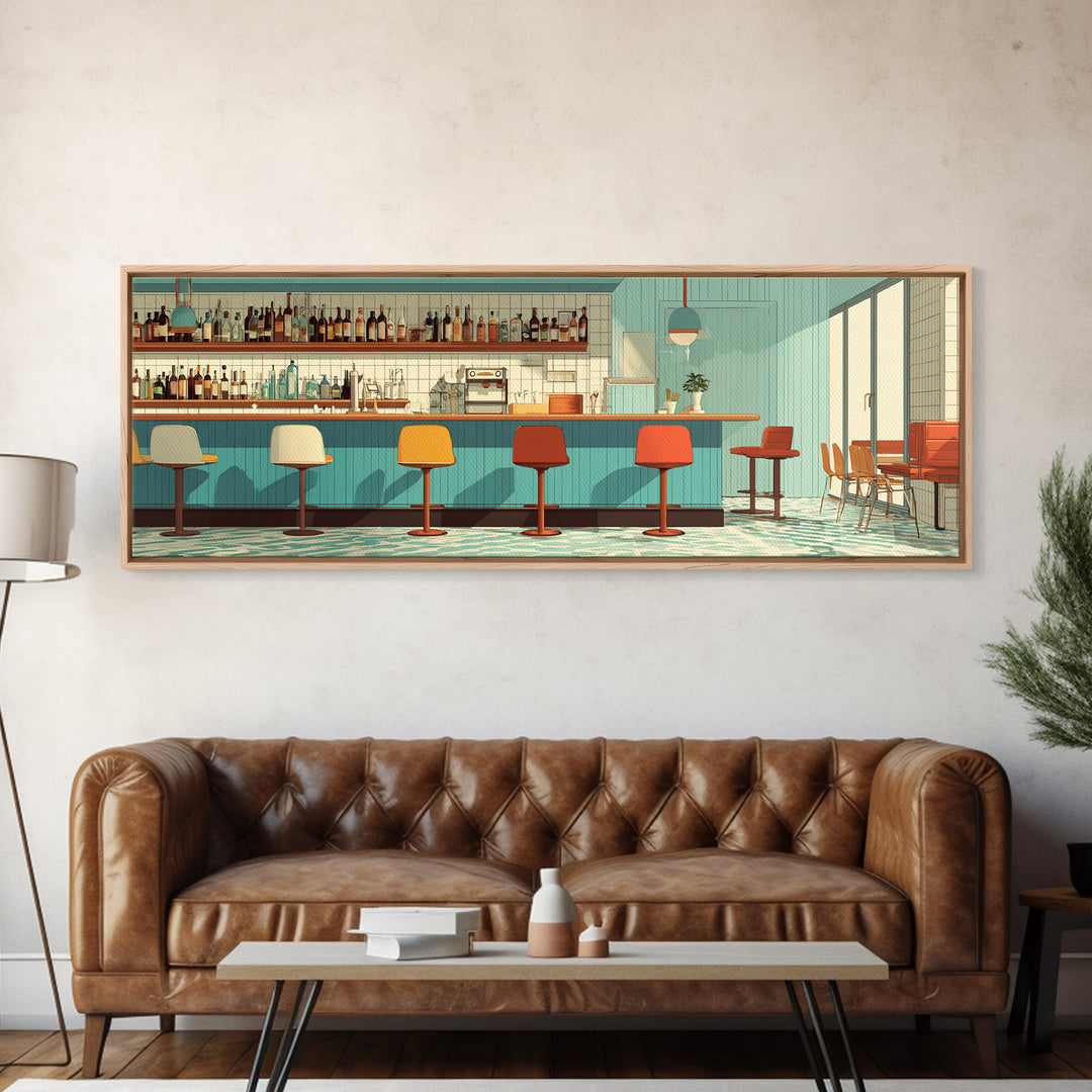 Sunlit Teal Bar With Orange Stools Framed Canvas Print, Mid Century Modern Decor, Retro Wall Art, Kitchen Poster, Large Prints