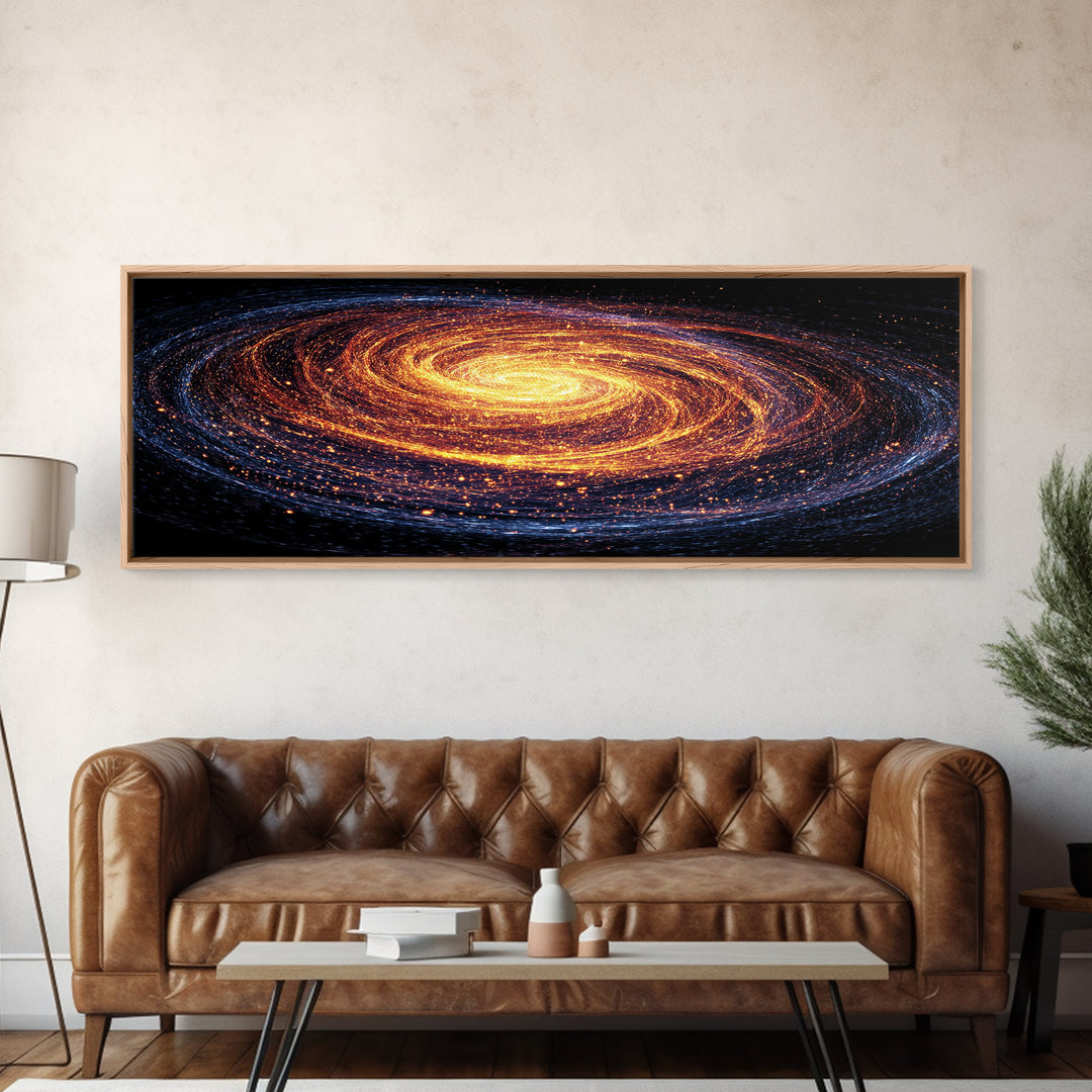 Glowing Spiral Galaxy In Orange And Blue Canvas Print, Cosmic Retro Art, Space Abstract Art, Modern Wall Decor, Panoramic Living Room Art