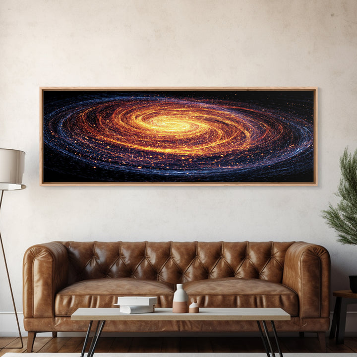 Glowing Spiral Galaxy In Orange And Blue Canvas Print, Cosmic Retro Art, Space Abstract Art, Modern Wall Decor, Panoramic Living Room Art