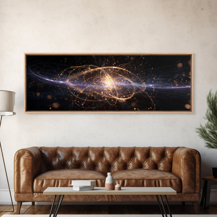 Golden Atomic Particle Burst Wall Art, Futuristic Space Abstract Art, Modern Geometric Wall Decor, Office Art Print And Living Room Decor