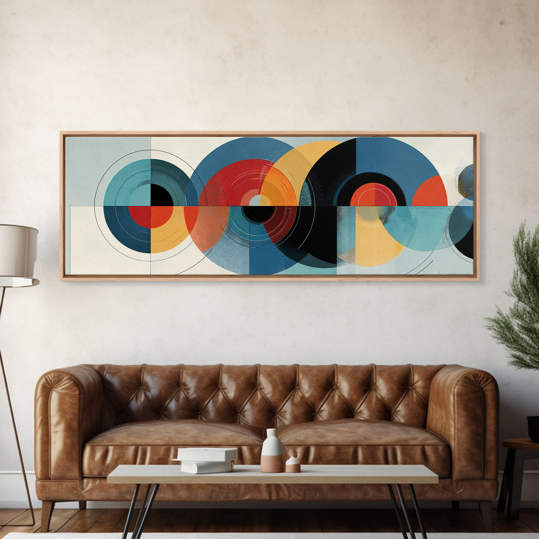 Retro Teal Red Yellow Circle Wall Art, Midcentury Modern Art, Bauhaus Geometric Poster, Colorful MCM Wall Decor, Framed Canvas Print