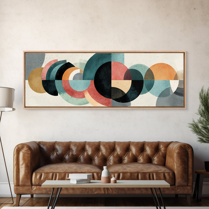 Layered Teal Coral Mustard Circle Wall Art, Midcentury Modern Abstract Art, Bauhaus Geometric Decor, Framed Canvas Print