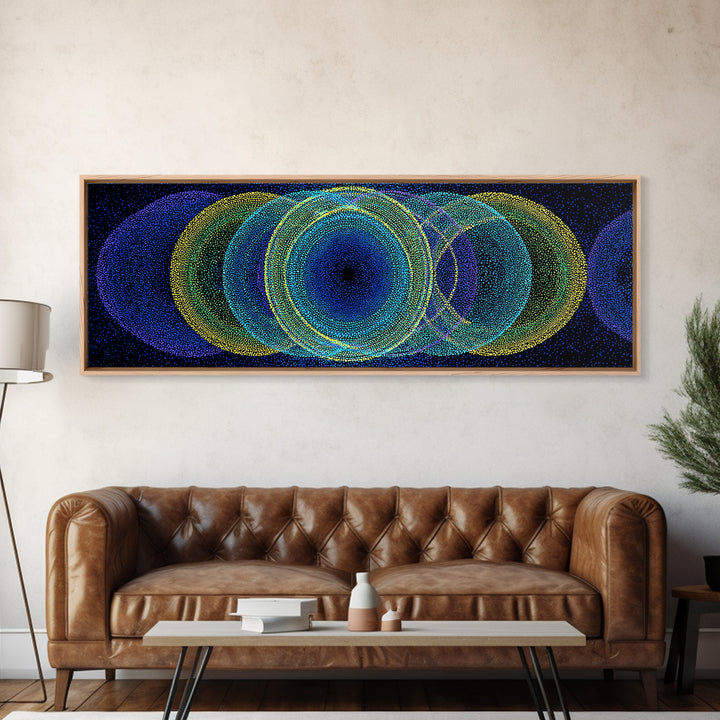 Neon Blue Green Overlapping Circles Canvas Print, Modern Abstract Art, Retro Geometric Wall Decor, Colorful Office Wall Art