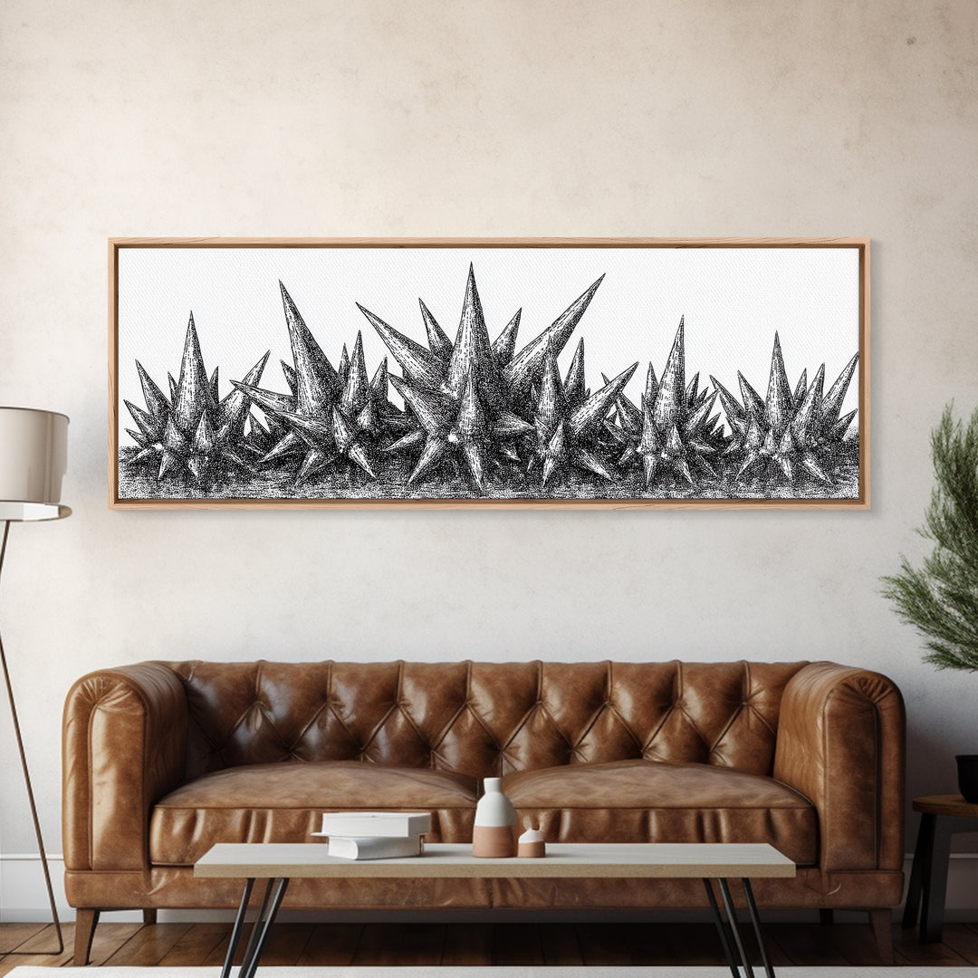 Black Spiky Crystal Landscape Wall Art, Minimalist Abstract Line Art, Monochrome Modern Wall Decor, Framed Canvas Print Gift