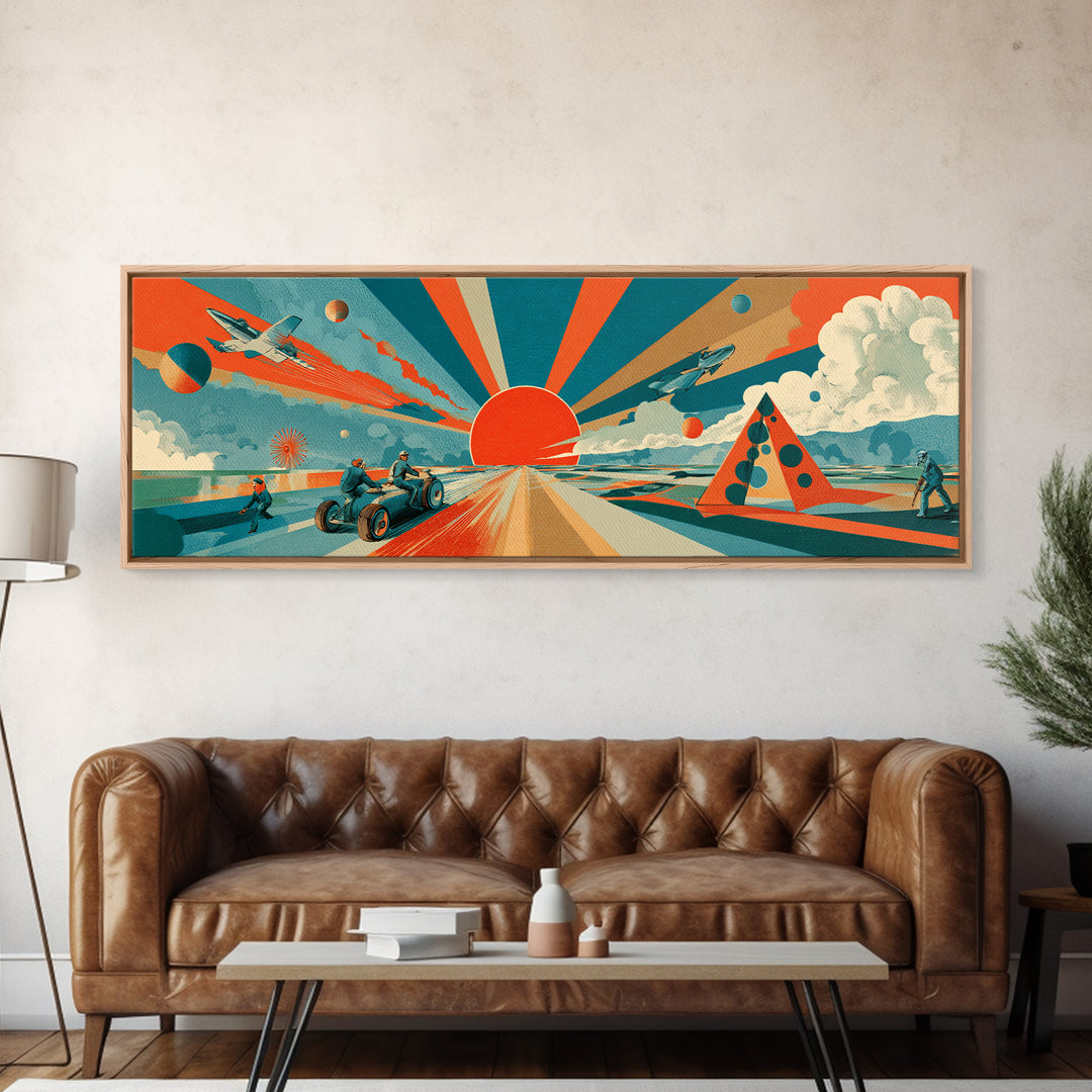 Retro Futurist Desert Sunrise With Jets And Rover Wall Art, Midcentury Modern Space Poster, Atomic MCM Decor, Sci Fi Print