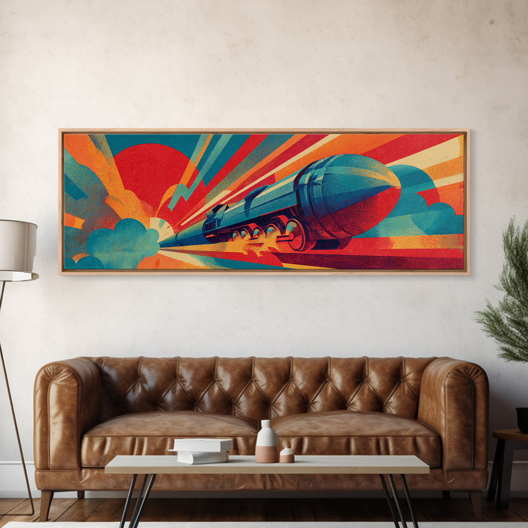Streamlined Rocket Train Racing Past Red Sun Canvas Print, Midcentury Modern Art, Retro Futuristic Rail Poster, MCM Wall Decor