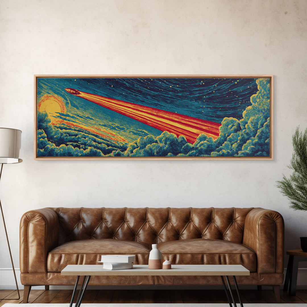 Rocket Blazing Through Night Clouds Framed Canvas Print, Midcentury Modern Space Art, Retro Sci Fi Poster, Cosmic Wall Decor