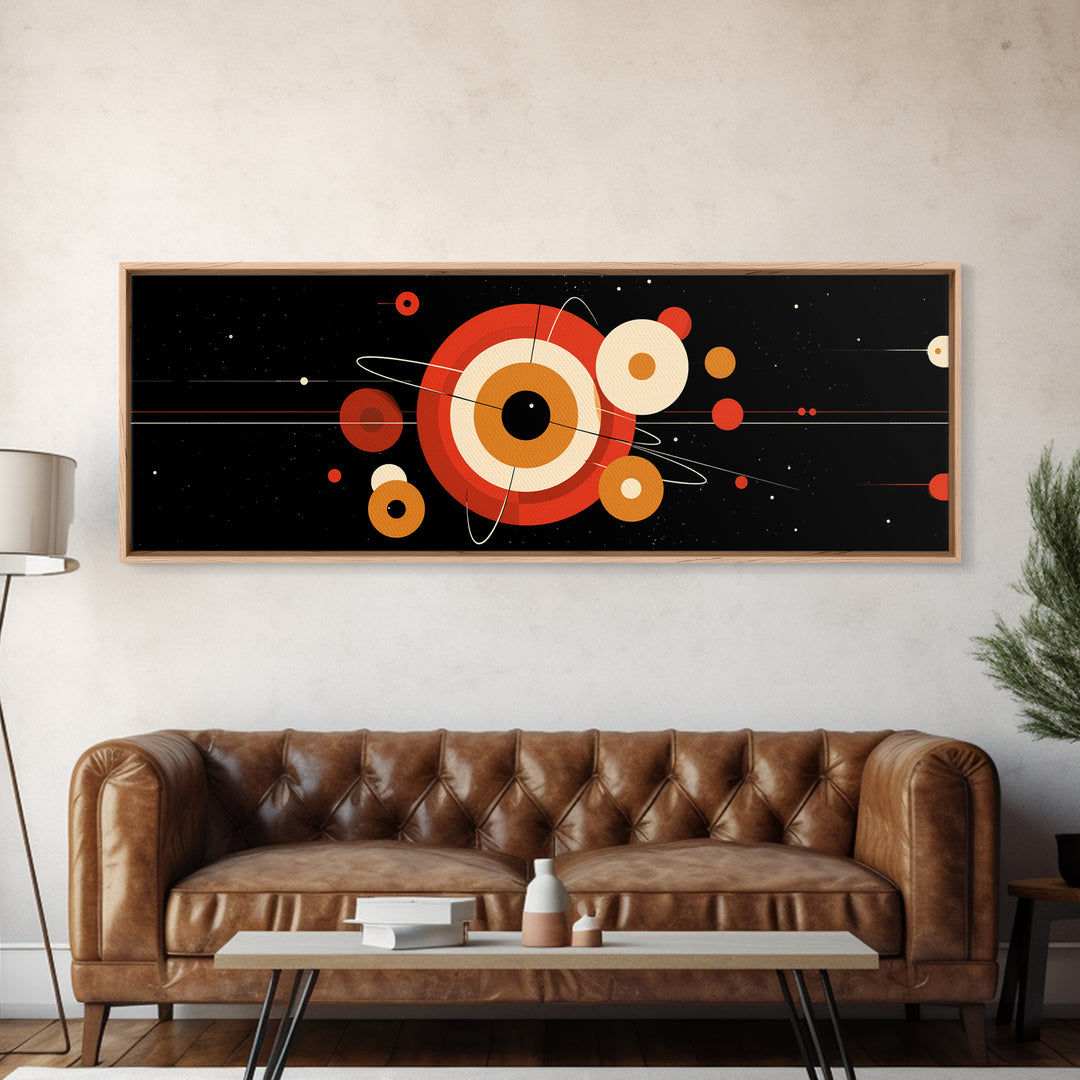 Black Space Abstract With Orange Orbit Circles Wall Art, Midcentury Modern Geometric Print, Atomic MCM Poster, Retro Decor