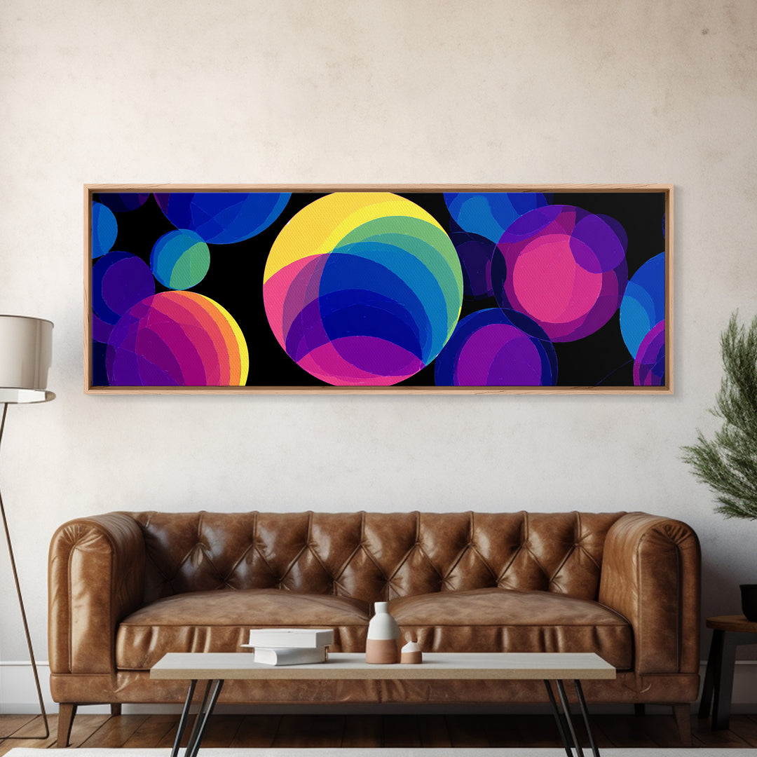 Colorful Overlapping Bubble Circles On Black Wall Art, Modern Abstract Art Print, Midcentury Pop Decor, Retro Geometric Poster