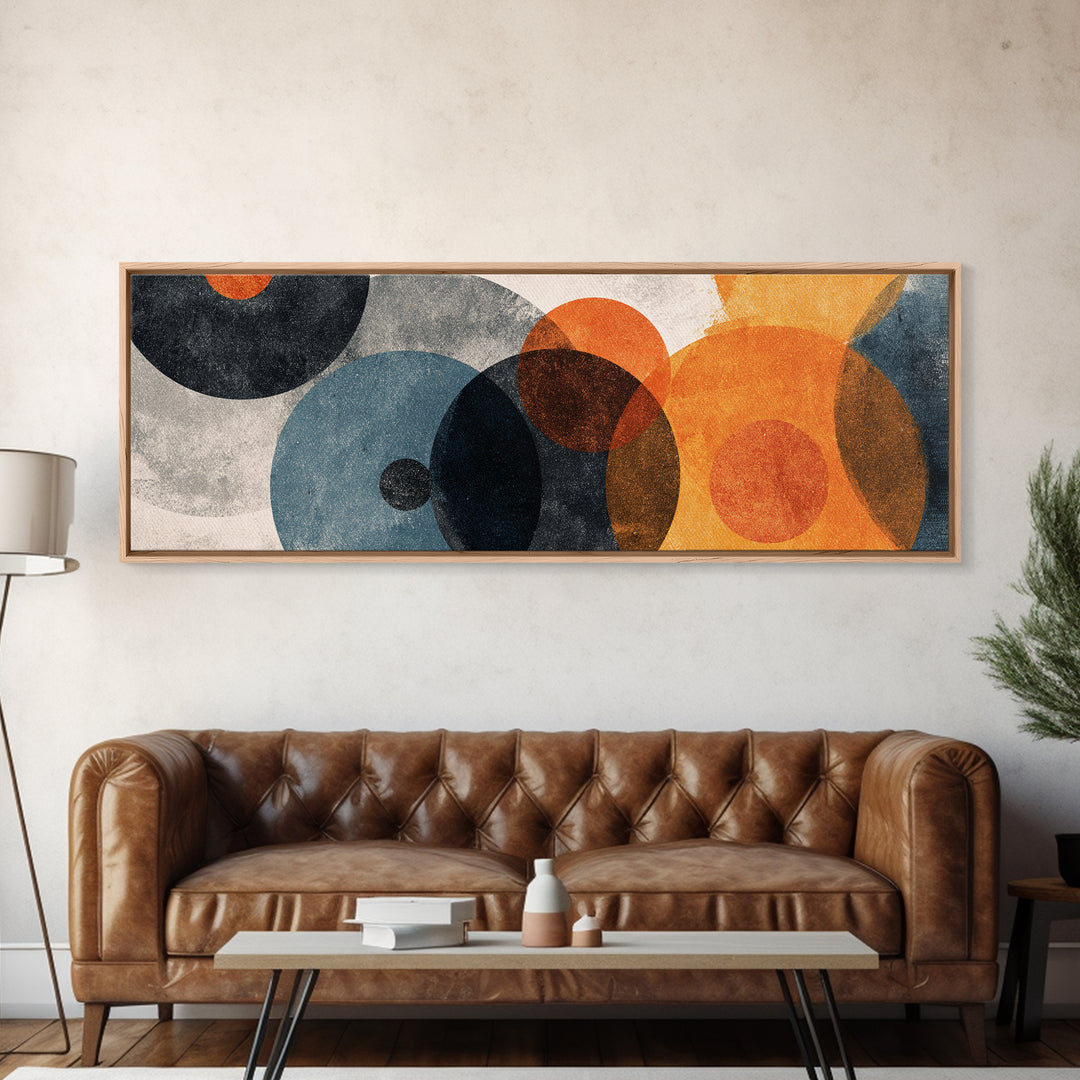 Textured Overlapping Gray Blue And Orange Circles Canvas Print, Modern Abstract Wall Art, Geometric MCM Decor, Neutral Poster
