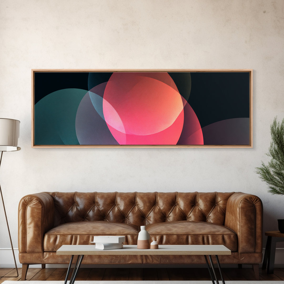 Glowing Translucent Neon Circles On Dark Framed Canvas Print, Modern Abstract Wall Art, Geometric Poster, Colorful Decor