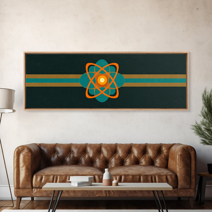 Orange And Teal Atomic Symbol Wall Art, Mid Century Modern Decor, Retro Sci Fi Poster, Space Abstract Art, Modern Art Print