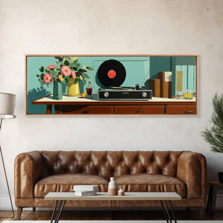 Teal Vinyl And Flower Console Canvas Print, Mid Century Modern Wall Decor, Record Player Art Print, Retro Living Room Decor
