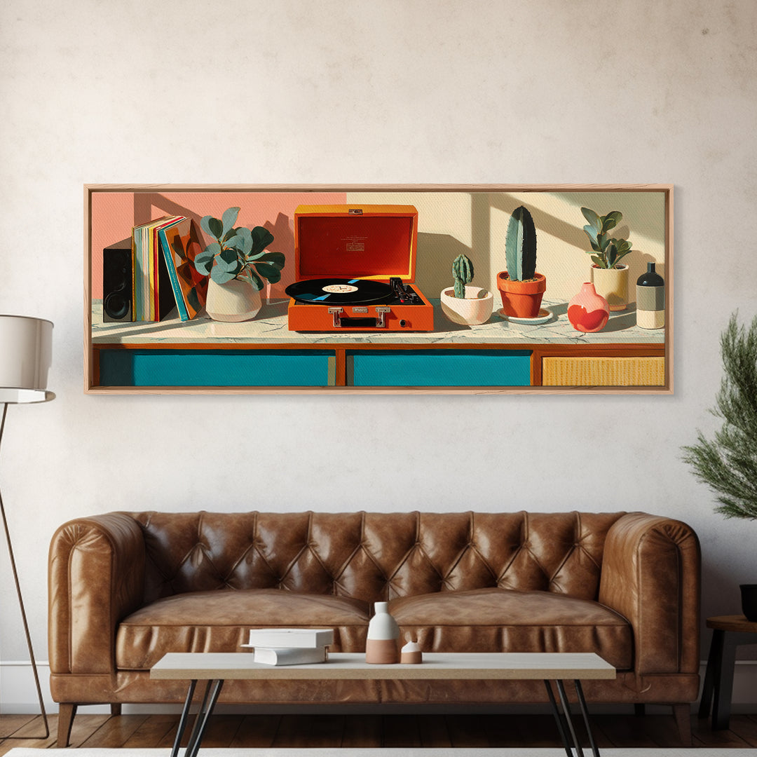 Orange Portable Record Player Wall Art, Mid Century Modern Shelf Decor, Cactus Vinyl Print, Retro Music Room Home Decor Poster