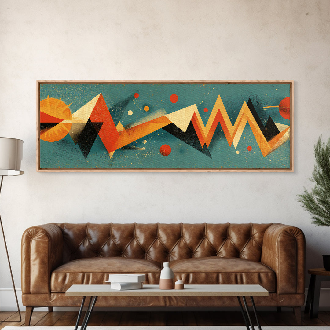 Atomic Sun Zigzag Abstract Wall Art, Mid Century Modern Geometric Print, Orange Teal Retro Decor, Bauhaus Inspired Poster