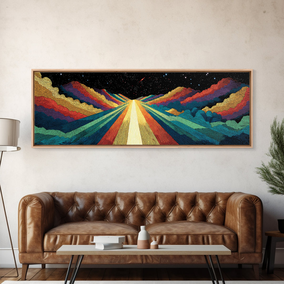Cosmic Rainbow Mountain Road Canvas Print, Mid Century Modern Space Landscape Art, Retro Sci Fi Wall Decor, Colorful Poster