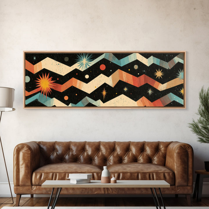 Starry Zigzag Space Abstract Canvas Print, Mid Century Modern Atomic Art, Retro Geometric Wall Decor, Colorful Cosmic Poster