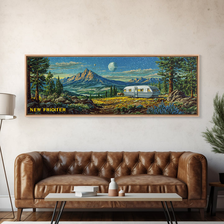 New Frontier Camper Mountain Canvas Print, Retro Travel Wall Art, Midcentury Modern Landscape Poster, Rustic Cabin Decor Gift