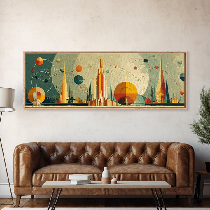 Atomic Future City Skyline Wall Art, Midcentury Modern Abstract Print, Retro Space Age Decor, Orange Blue Geometric Poster