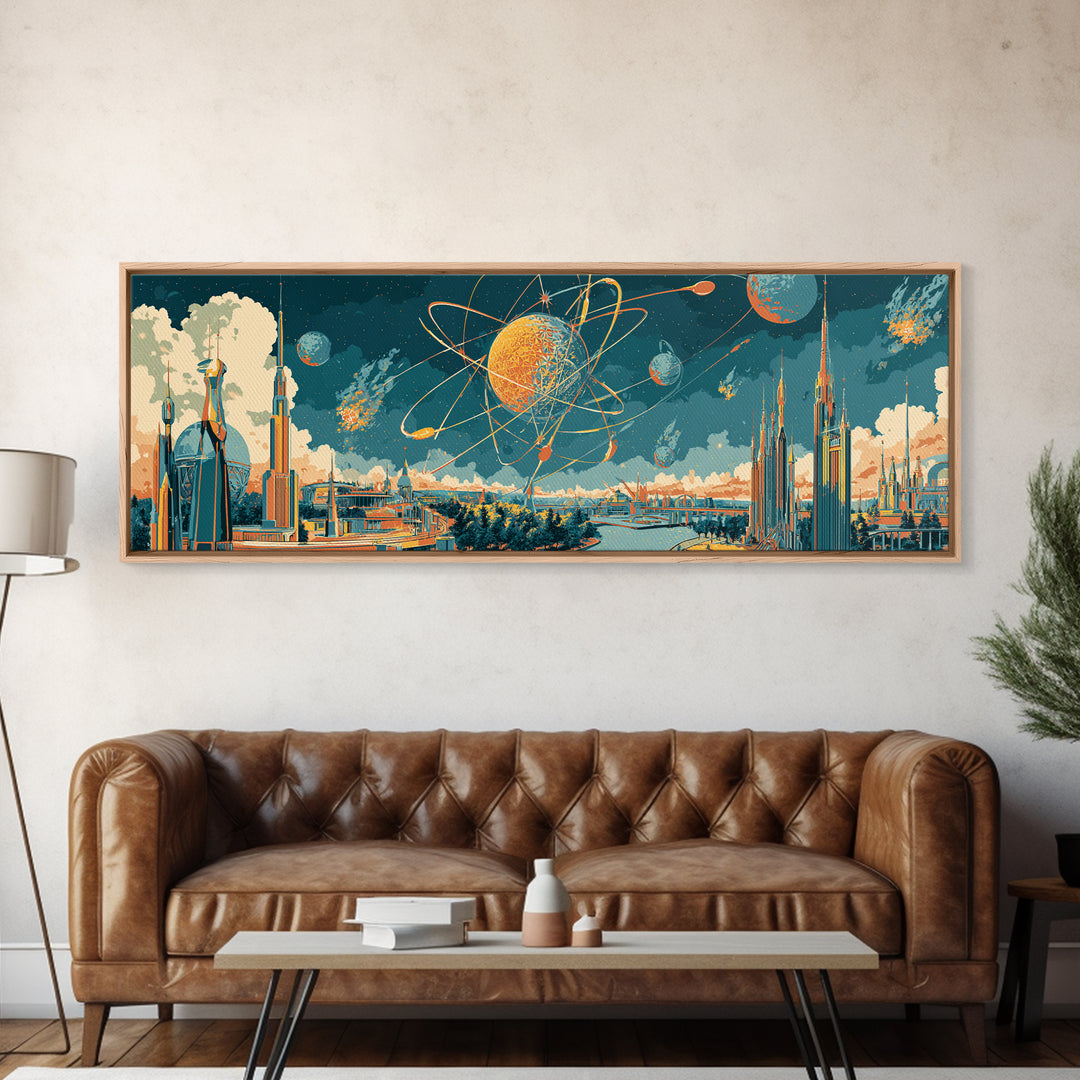 Retro Futuristic Space City Canvas Print, Atomic Planet Wall Art, Midcentury Modern Skyline Poster, Sci Fi Office Decor Gift