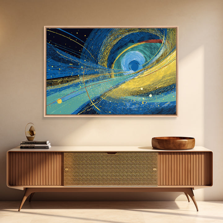 Blue Yellow Cosmic Vortex Abstract Wall Art, Modern Geometric Space Print, Midcentury Decor, Large Canvas Print, Living Room Decor