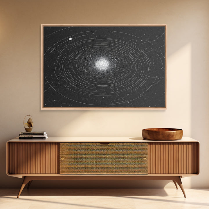 Black White Orbiting Galaxy Starfield Canvas Print, Modern Abstract Wall Art, Space Retro Geometric Poster, Cosmic Home Decor