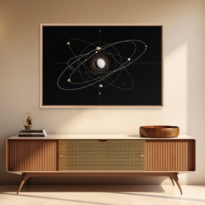 Gold Atomic Orbit Diagram Wall Art, Midcentury Modern Space Abstract Art, Geometric Black Home Wall Decor, MCM Canvas Print
