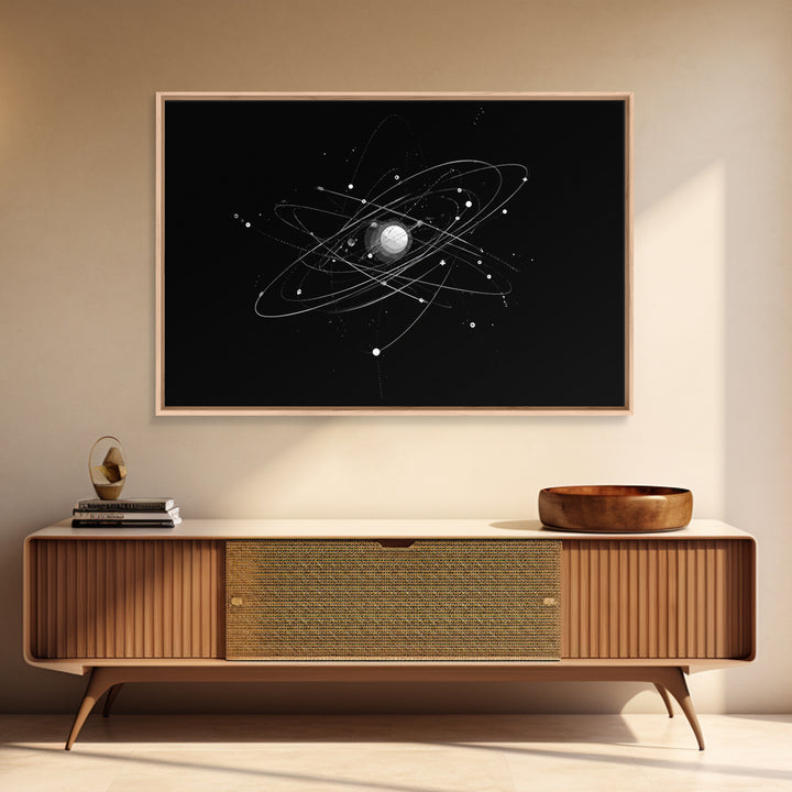 Silver Atomic Orbit Lines Wall Art, Modern Abstract Space Poster, Black And White Geometric Decor, Midcentury Canvas Print