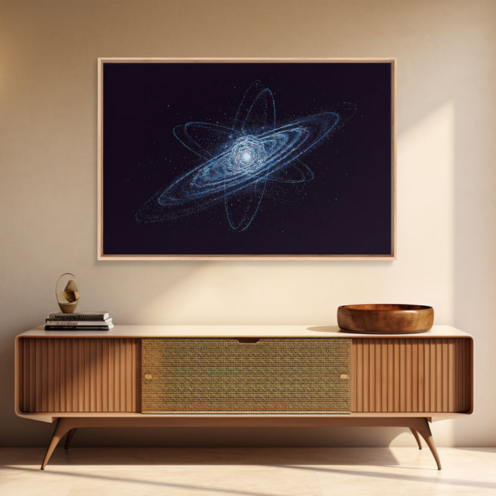 Blue Particle Galaxy Orbit Wall Art, Cosmic Retro Art, Space Abstract Art Print, Modern Geometric Home Decor, Canvas Print