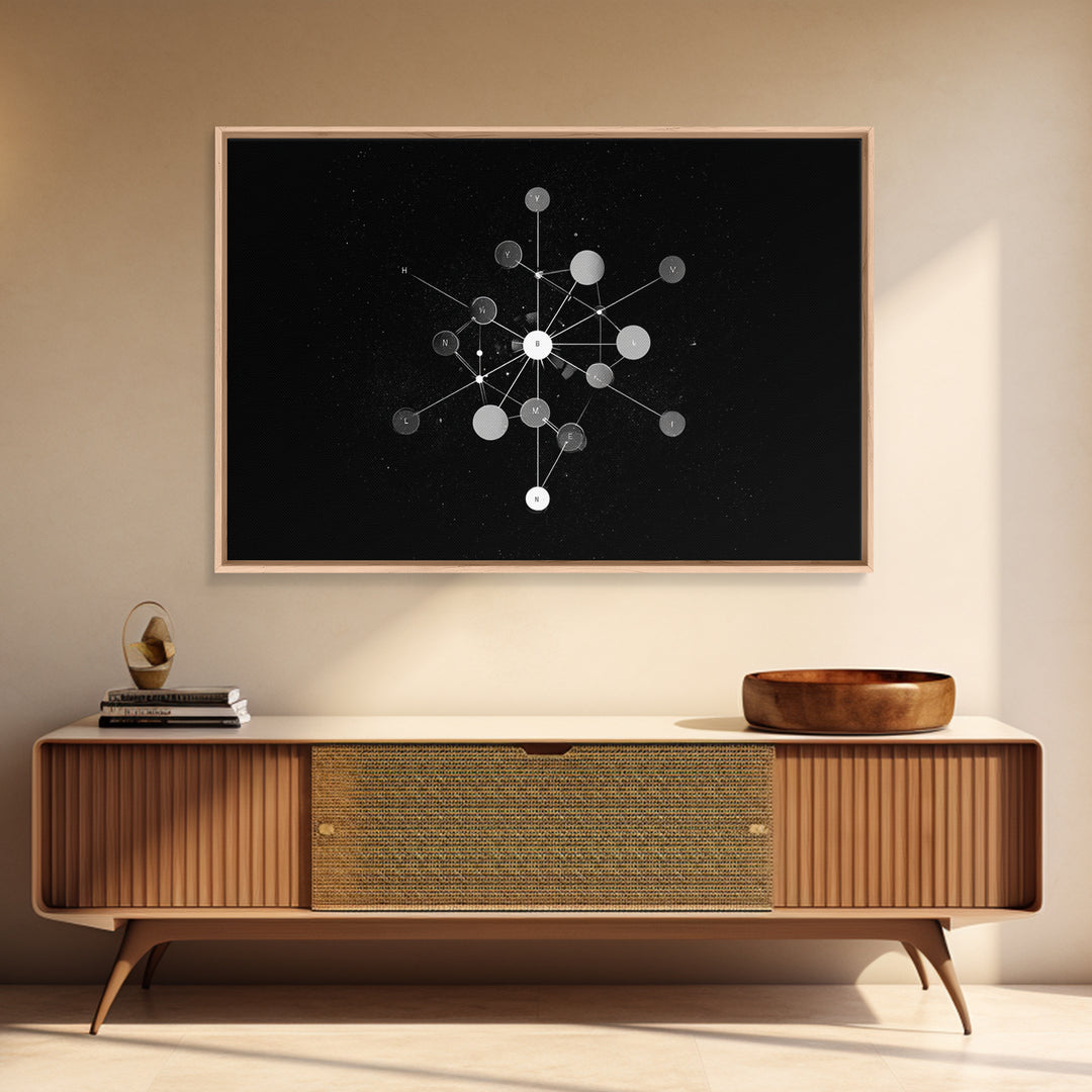Scientific Molecular Network Wall Art, Black And White Modern Abstract Art, Geometric Science Decor, Framed Canvas Print