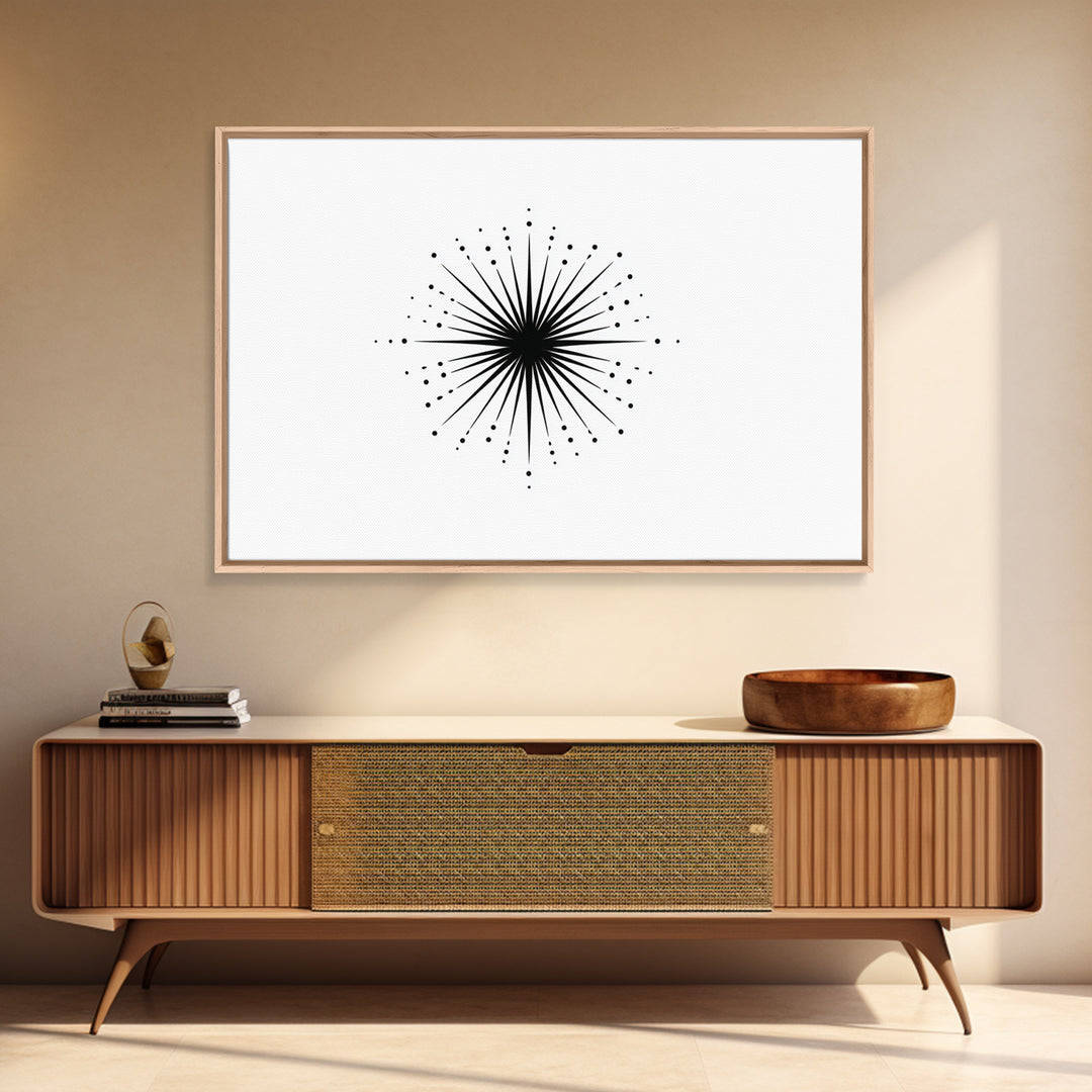 Black Radial Starburst Wall Art, Minimalist Modern Abstract Art Print, Geometric Dots Decor Poster, Midcentury Canvas Print