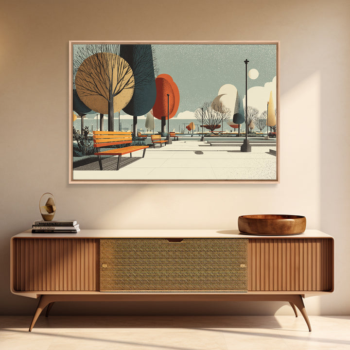 Autumn Lakeside Park Wall Art, Midcentury Modern Print, Scenic City Landscape Poster, Retro Bench Living Room Decor, Office Wall Decor