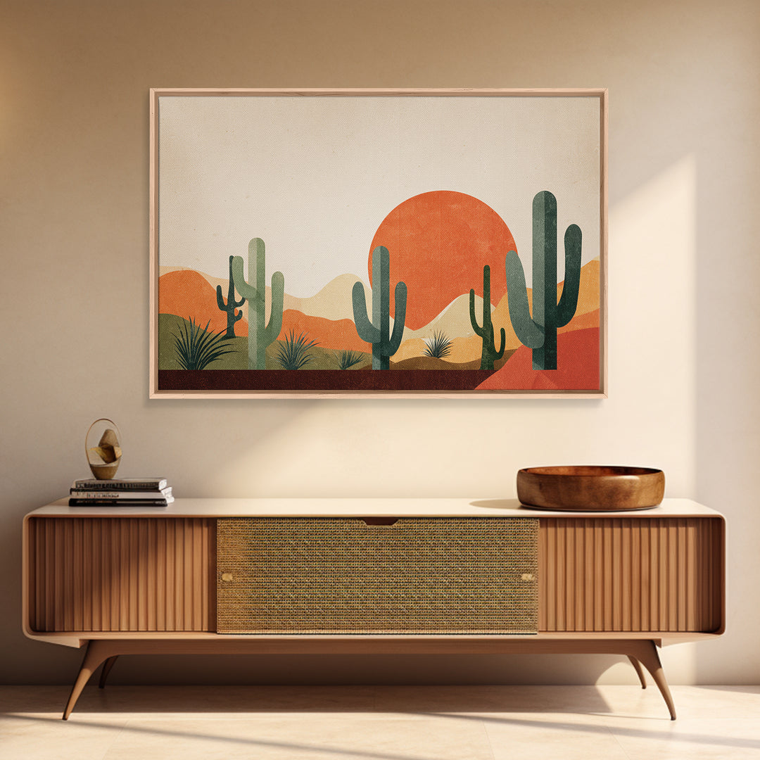 Orange Sun Cactus Desert Wall Art, Midcentury Modern Art Print, Southwestern Landscape Poster, Boho Retro Home Decor, MCM Decor
