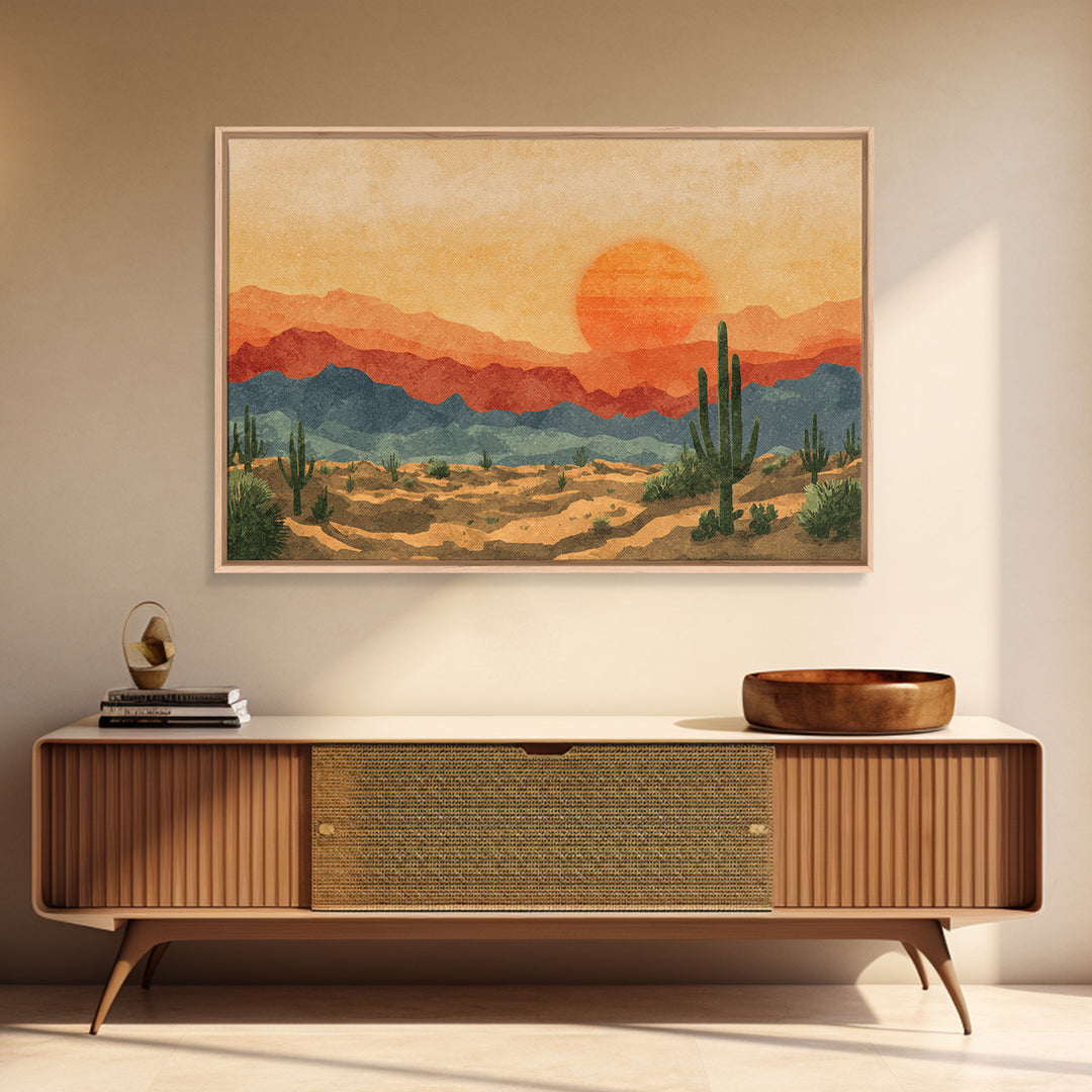 Textured Desert Mountains Wall Art, Orange Sunset Cactus Print, Midcentury Modern Landscape, Southwestern Living Room Decor