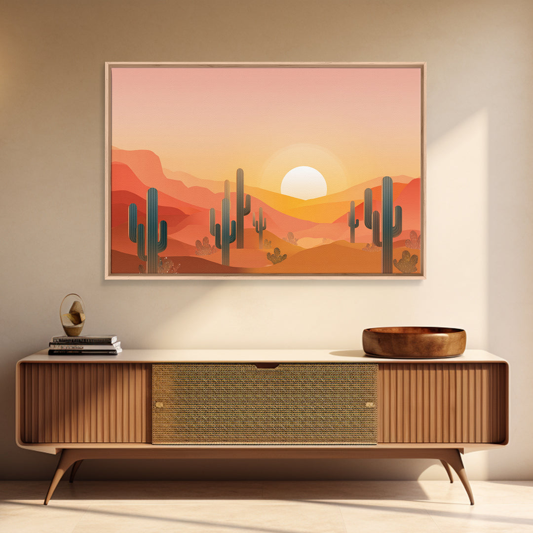 Golden Saguaro Desert Sunset Canvas Print, Midcentury Modern Wall Art, Warm Orange Southwestern Poster, Boho Home Decor, MCM Decor