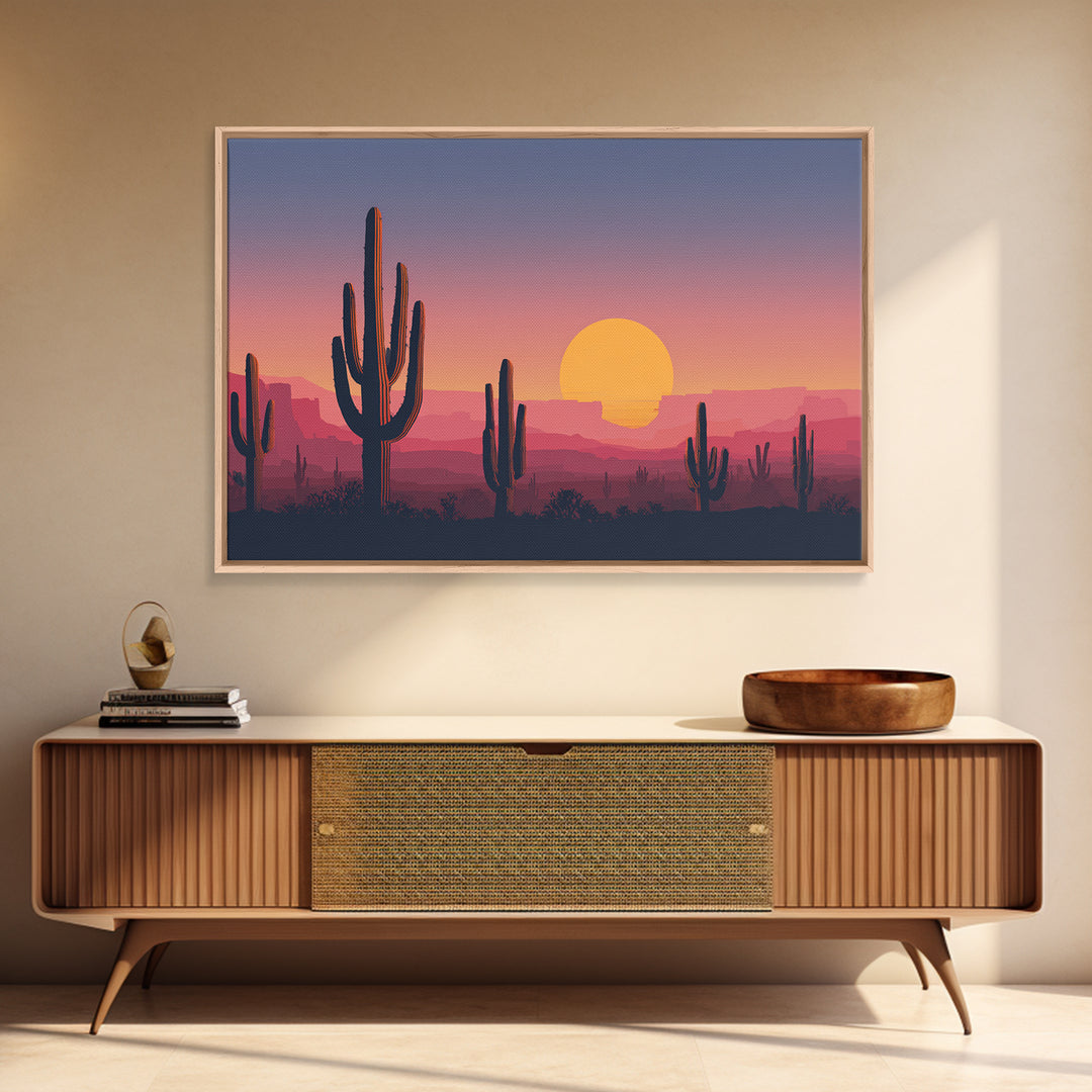 Purple Pink Saguaro Sunset Wall Art, Retro Desert Landscape Print, Midcentury Modern Poster, Colorful Southwestern Decor