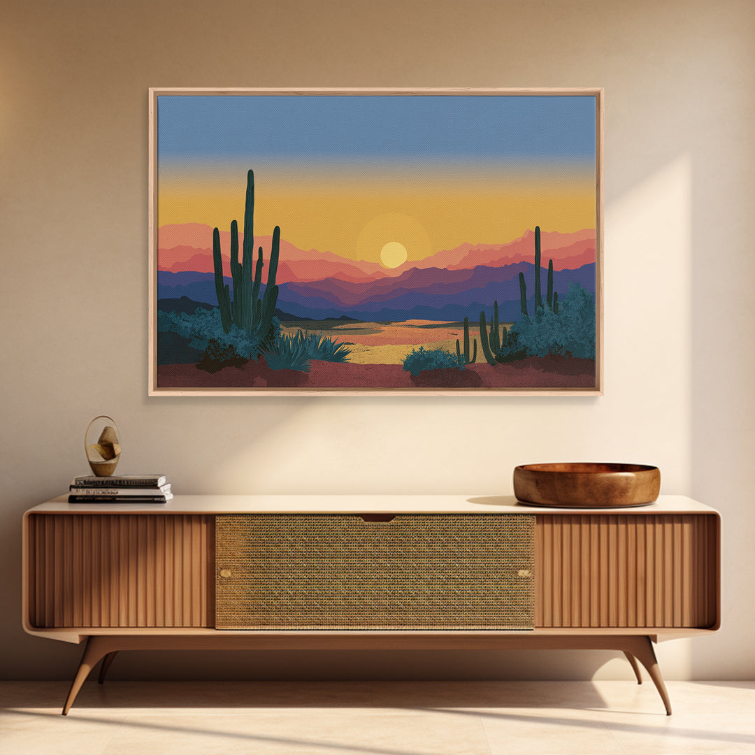 Blue Gold Desert Sunset Wall Art, Saguaro Cactus Landscape Print, Midcentury Modern Art Poster, Southwestern Home Decor, MCM Decor