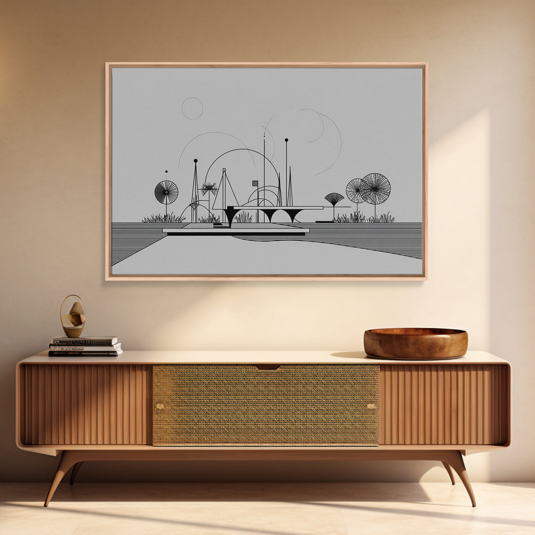Black White Architectural Line Wall Art, Midcentury Modern Abstract Print, Atomic Ranch Landscape, Minimalist Home Decor