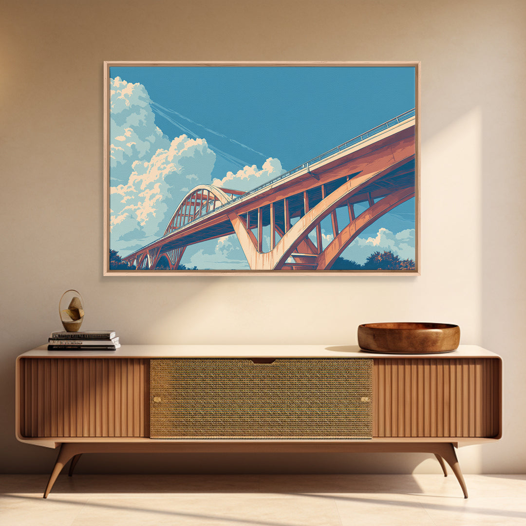 Sunlit Arch Bridge Framed Canvas Print, Modern Architecture Wall Art, Blue Sky Cloudscape, Travel Poster, Office Decor Gift Idea