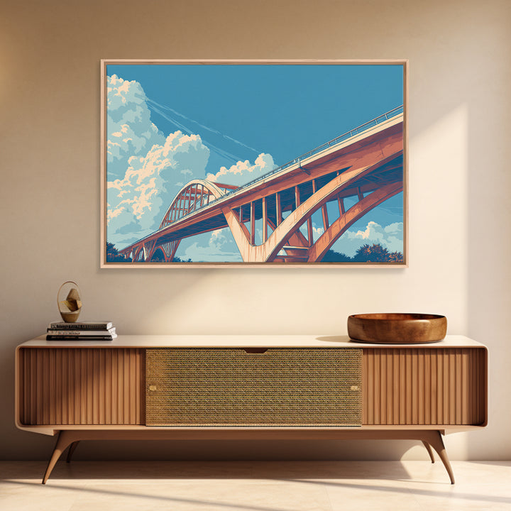 Sunlit Arch Bridge Framed Canvas Print, Modern Architecture Wall Art, Blue Sky Cloudscape, Travel Poster, Office Decor Gift Idea