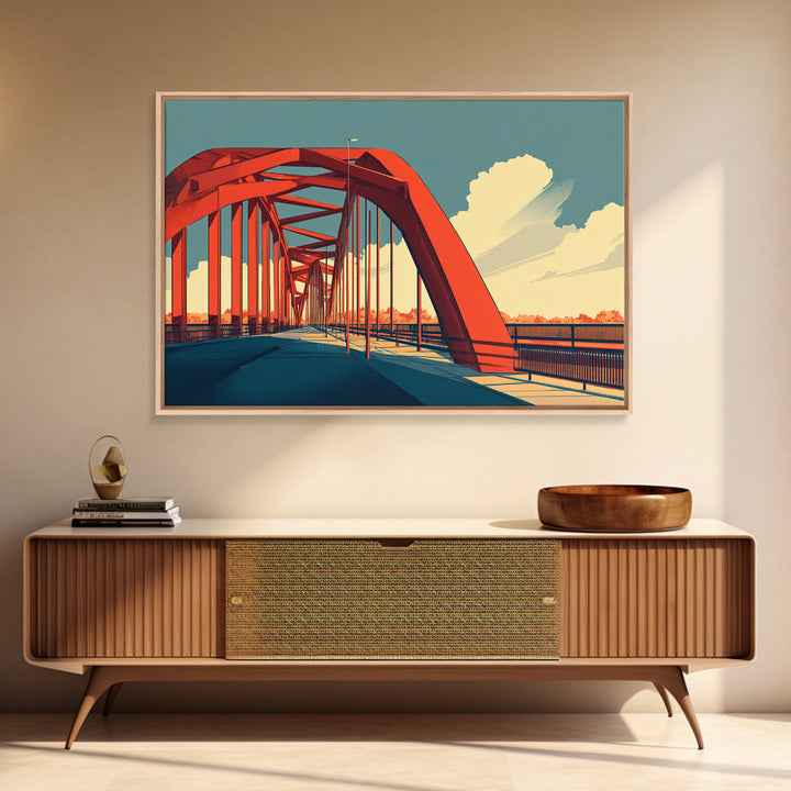 Red Steel Arch Bridge Canvas Print, Sunset Architecture Wall Art, Midcentury Modern Poster, Office Decor, Travel Print Gift