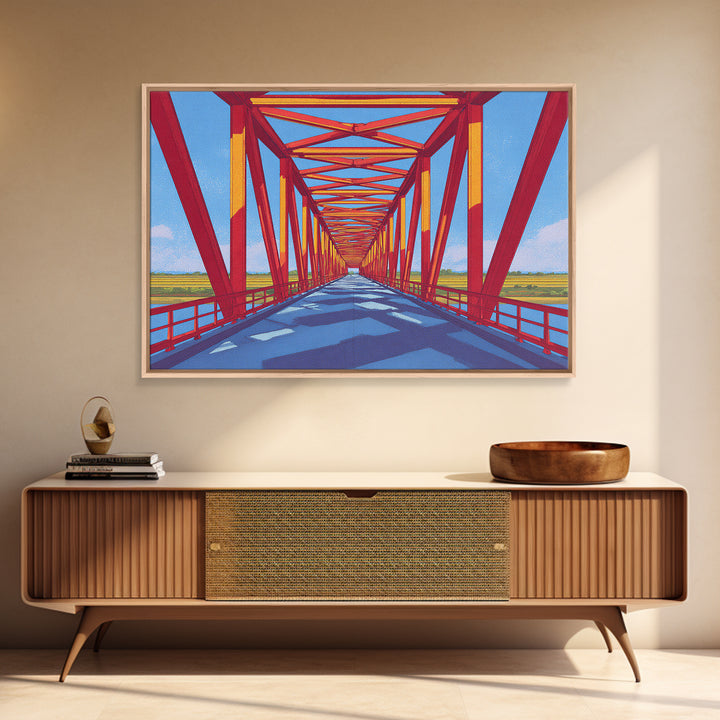 Red Truss Bridge Perspective Wall Art, Geometric Architecture Canvas Print, Bold Modern Decor, Office Poster, Travel Gift