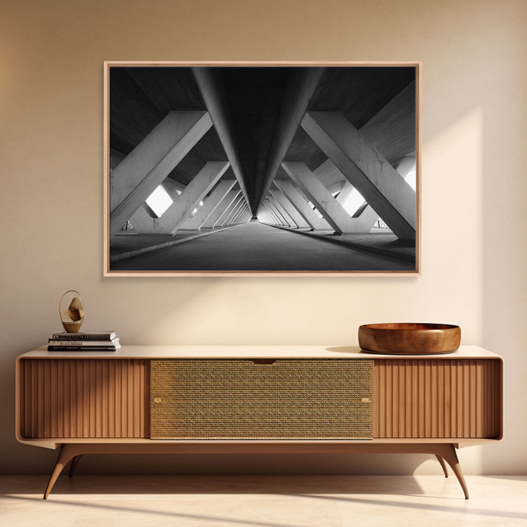 Symmetric Underpass Vanishing Point Wall Art, Black And White Architecture Print, Minimalist Modern Office Decor Gift Idea, Large Poster