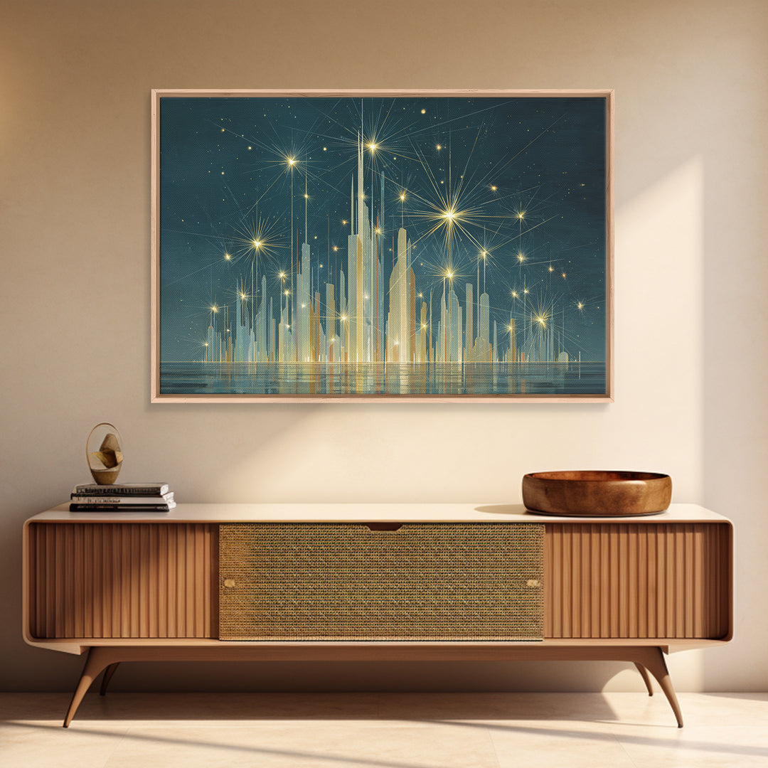 Golden Art Deco Skyline Wall Art, Firework Starburst Cityscape Canvas Print, Teal Modern Decor, Living Room Poster Gift