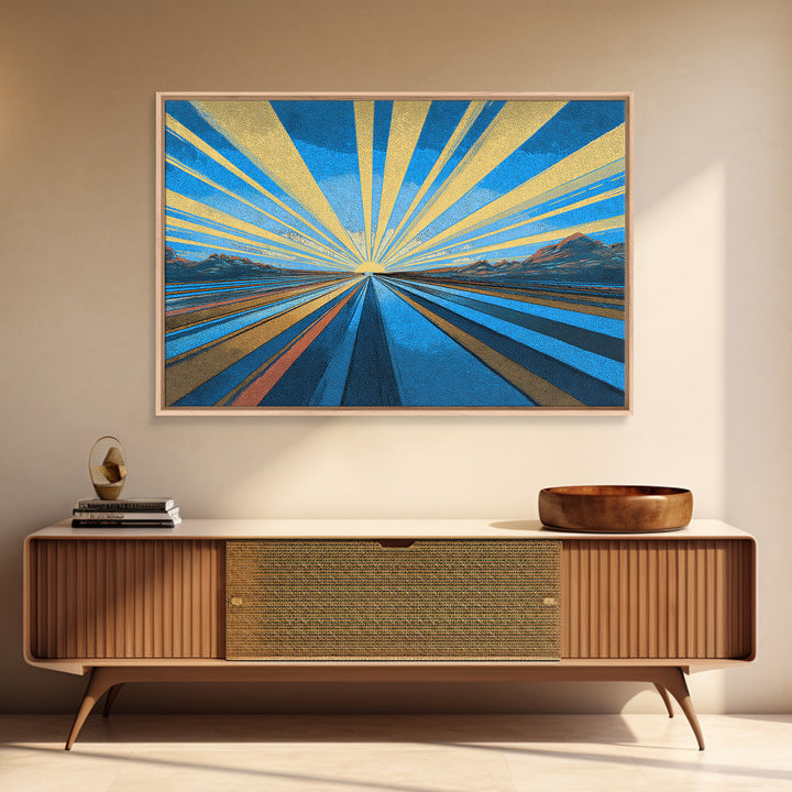 Blue Gold Sunburst Road Wall Art, Midcentury Modern Poster, Geometric Landscape Print, Retro Travel Decor, Office Decor Gift