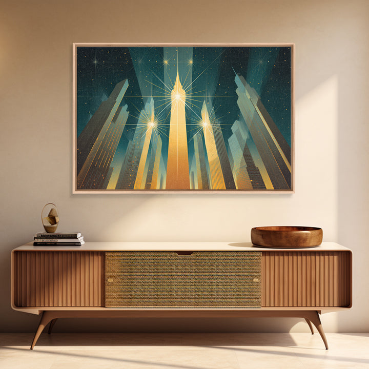 Radiant Art Deco Skyscrapers Canvas Print, Golden Starburst City Wall Art, Modern Retro Poster, Office Decor Gift Idea Print