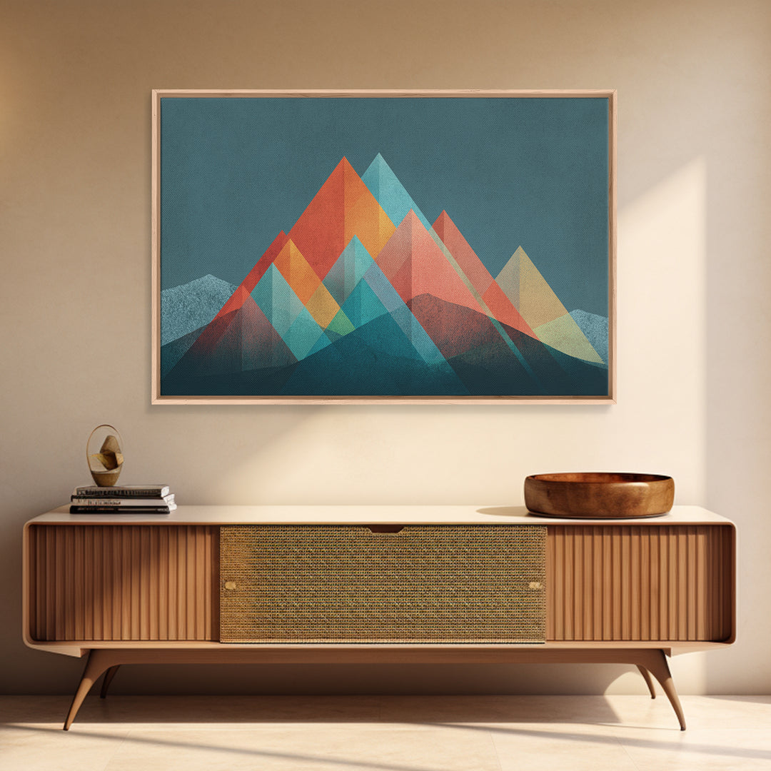 Transparent Geometric Mountain Peaks Canvas Print, Mid Century Modern Abstract Art, Teal Orange Wall Decor, Living Room Print