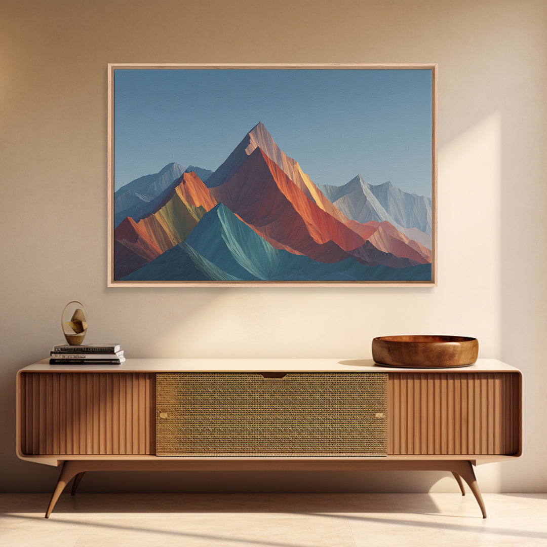 Faceted Rainbow Mountain Range Framed Canvas Print, Mid Century Modern Wall Art, Geometric Landscape, Bold Living Room Home Decor Print
