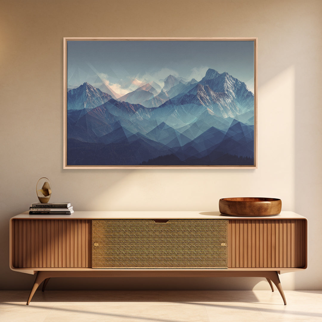 Misty Blue Polygon Mountain Vista Wall Art, Modern Abstract Landscape Print, Scandinavian Modern Decor, Bedroom Art Print