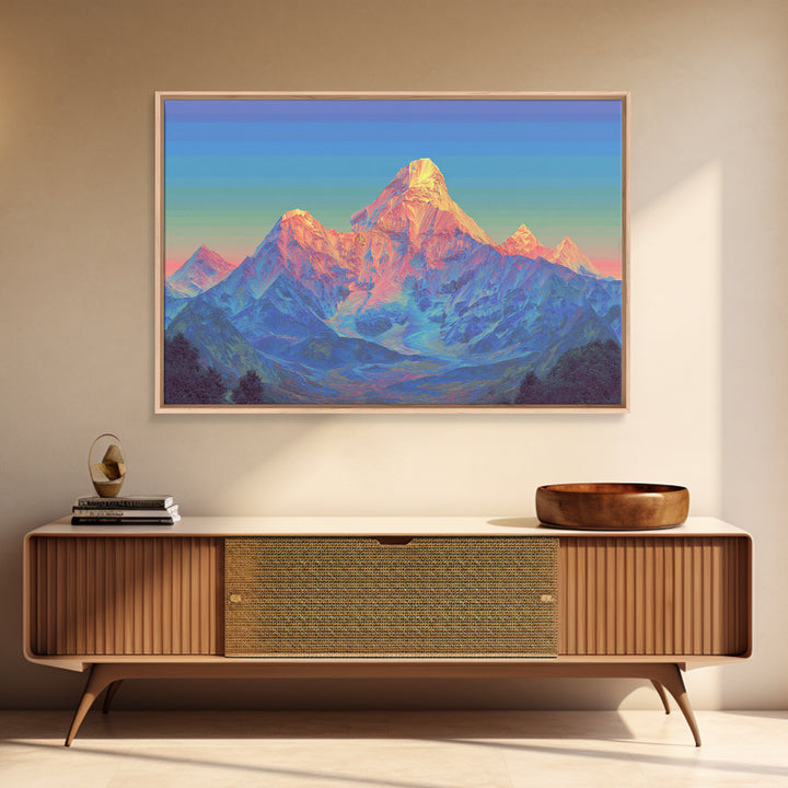 Pastel Himalayan Mountain Glow Canvas Print, Colorful Mid Century Modern Wall Art, Sunrise Landscape, Living Room Decor Print